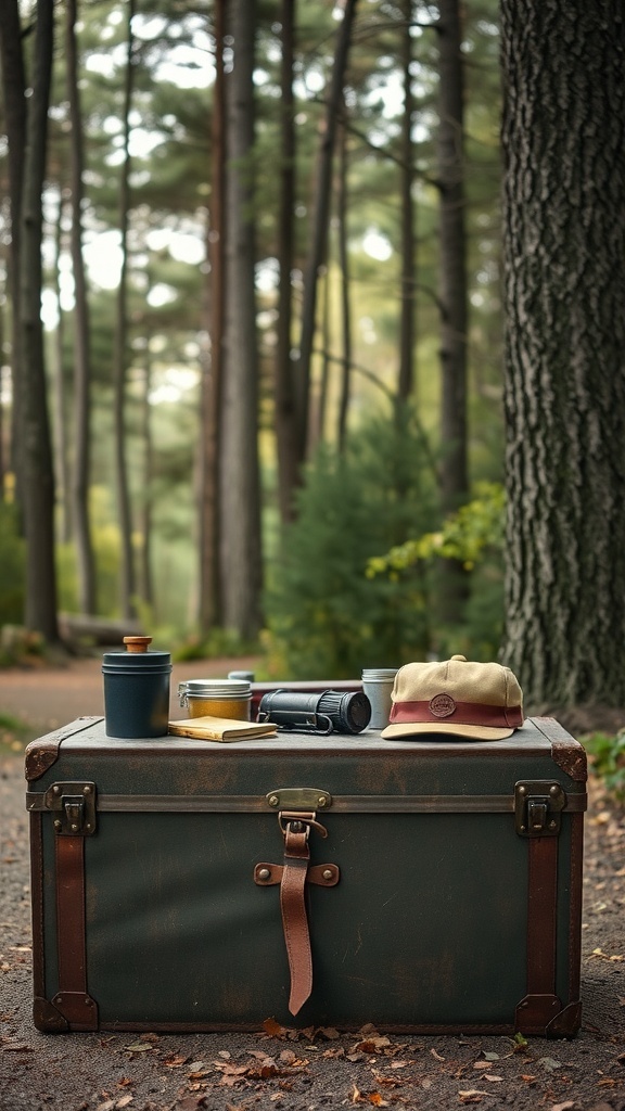 A vintage travel trunk with camping gear on top, surrounded by trees.