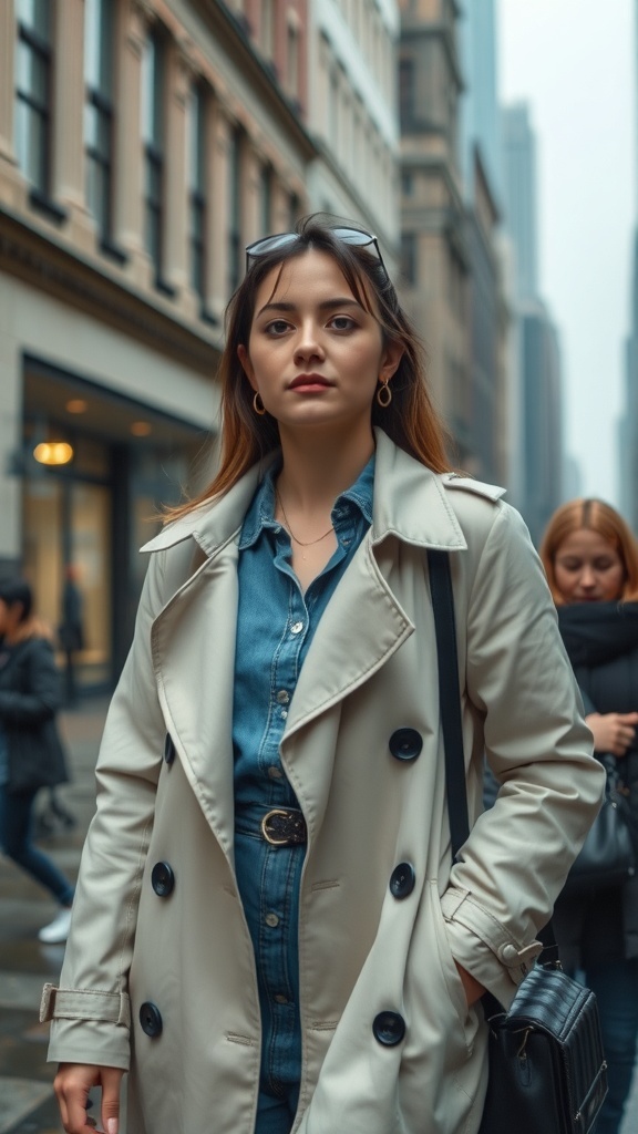 A woman wearing a classic trench coat over denim, standing confidently in a city street.