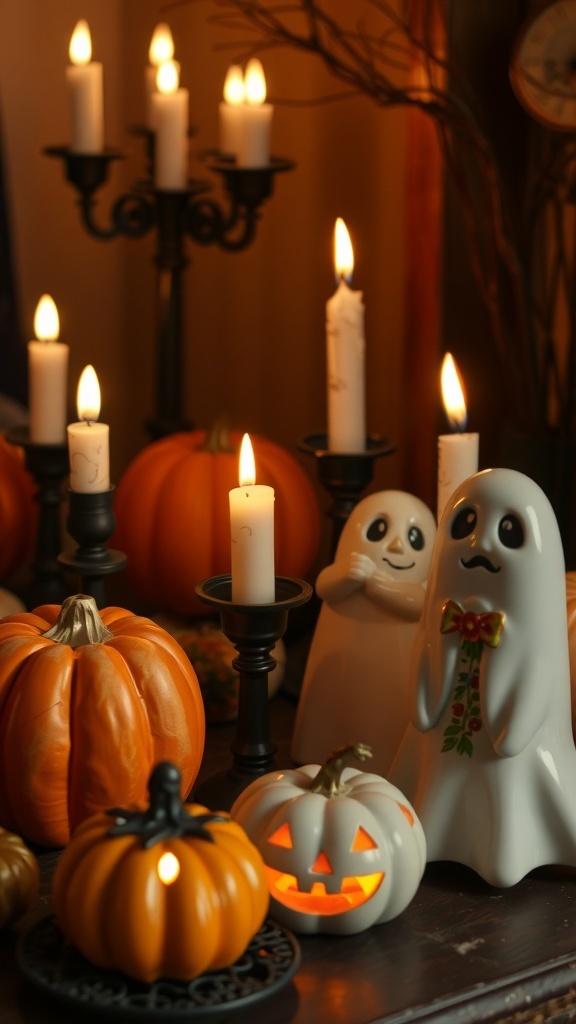 Vintage Halloween candle holders with pumpkins and ghost figurines