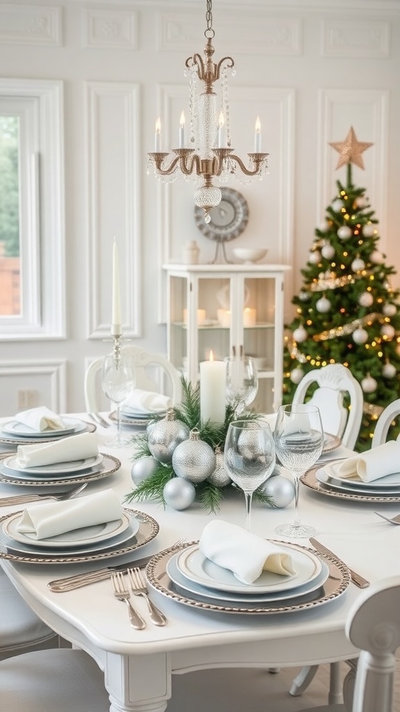 A beautifully set Christmas table featuring white and silver dishes, candles, and a festive centerpiece.