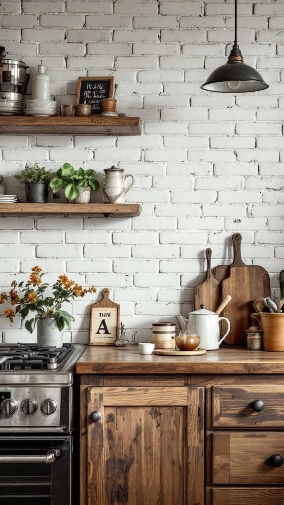 A kitchen with a white brick backsplash, wooden shelves, and rustic decor.