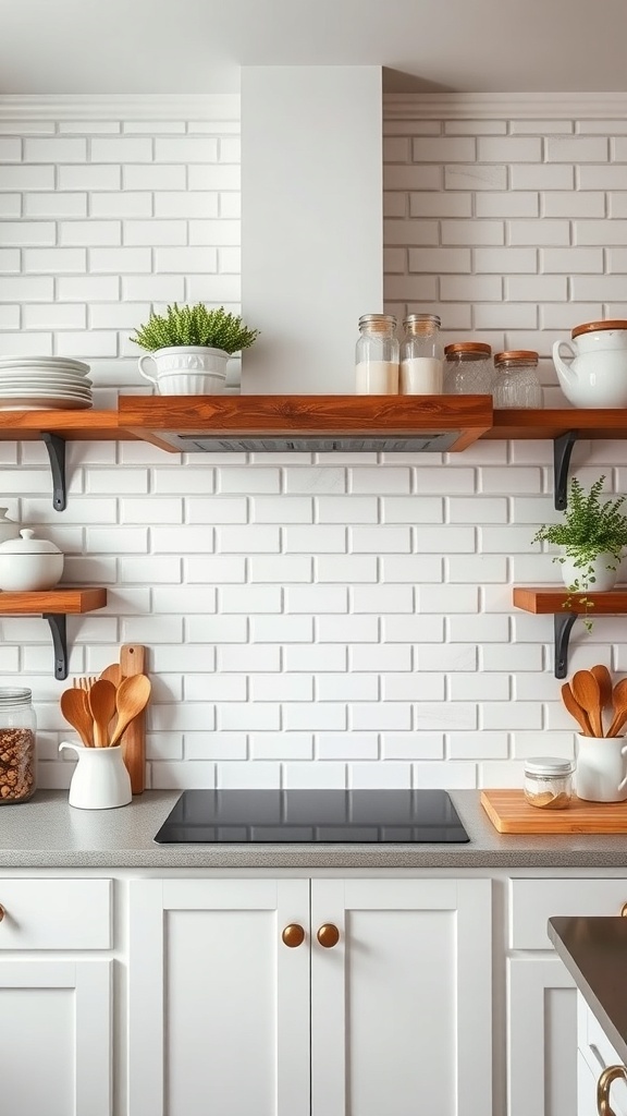 A farmhouse kitchen with a classic white brick backsplash and wooden shelves.