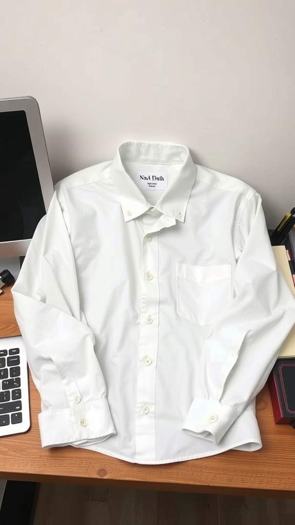 A classic white button-down shirt laid out on a wooden desk.