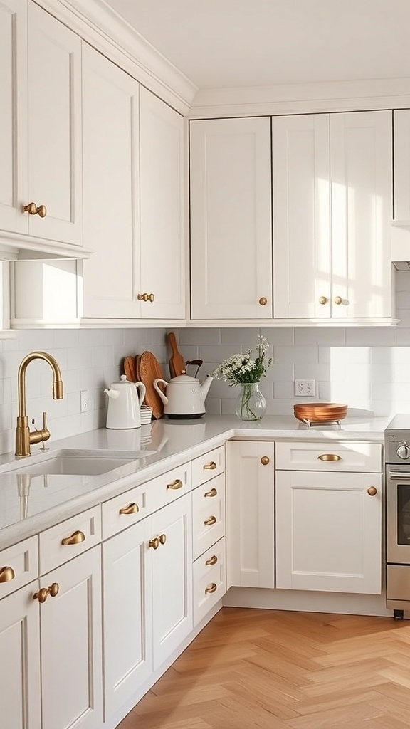 A bright farmhouse kitchen featuring classic white cabinets with brass hardware.