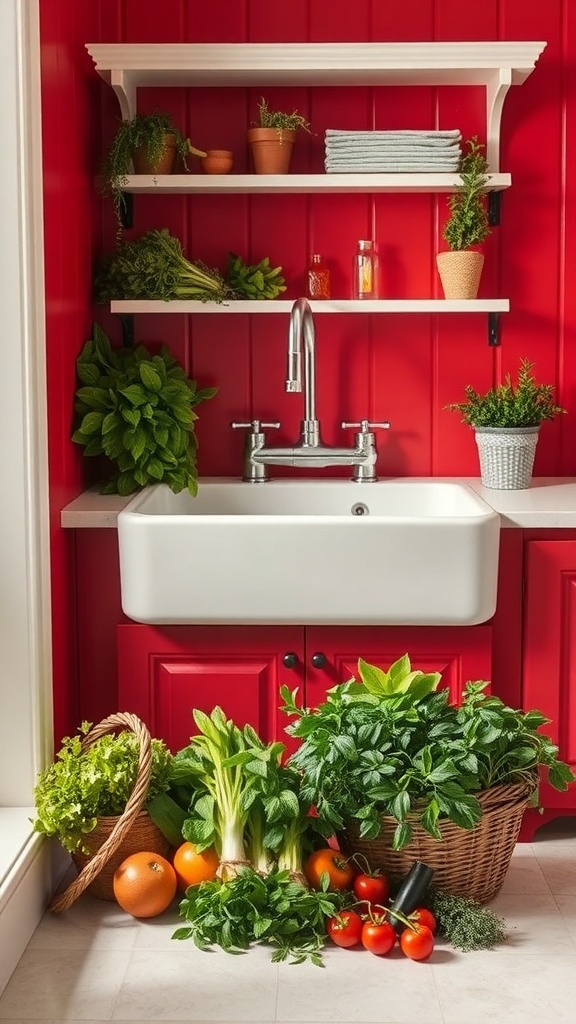 A classic white farmhouse sink in a red kitchen, surrounded by fresh vegetables and herbs.