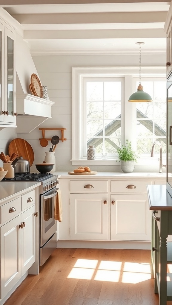 A bright farmhouse kitchen with white cabinets, wooden accents, and natural light.