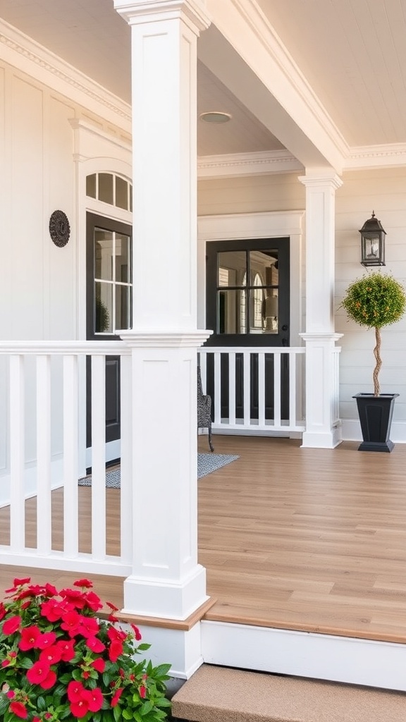A modern farmhouse porch featuring classic white railings, wooden flooring, and vibrant flowers.