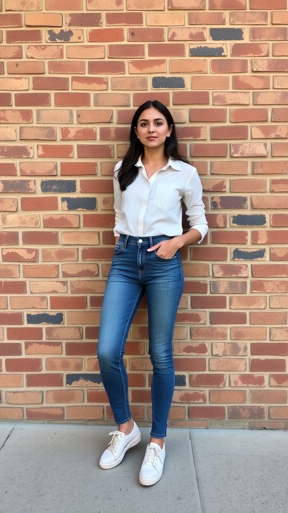 A woman wearing a classic white shirt and high-waisted jeans, standing against a brick wall.
