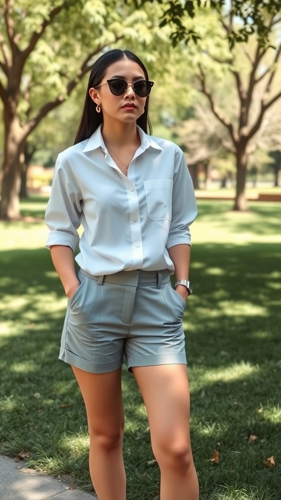 A woman wearing a classic white shirt and tailored shorts, standing outdoors with sunglasses.