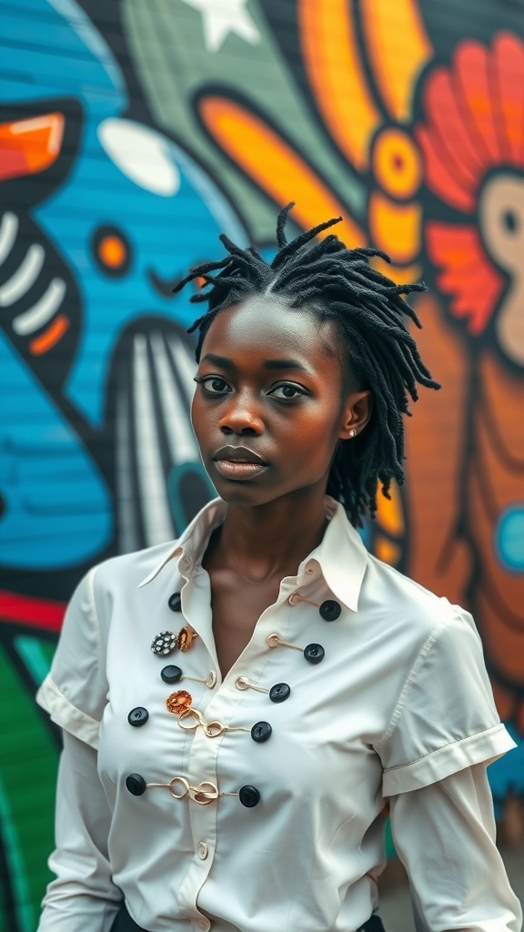 A black woman wearing a stylish white shirt with unique button details, standing in front of a colorful mural.