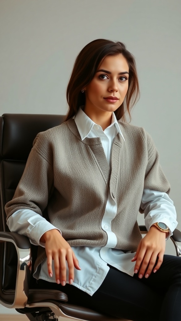 A classic white shirt and a beige knitted sweater draped over an orange office chair.