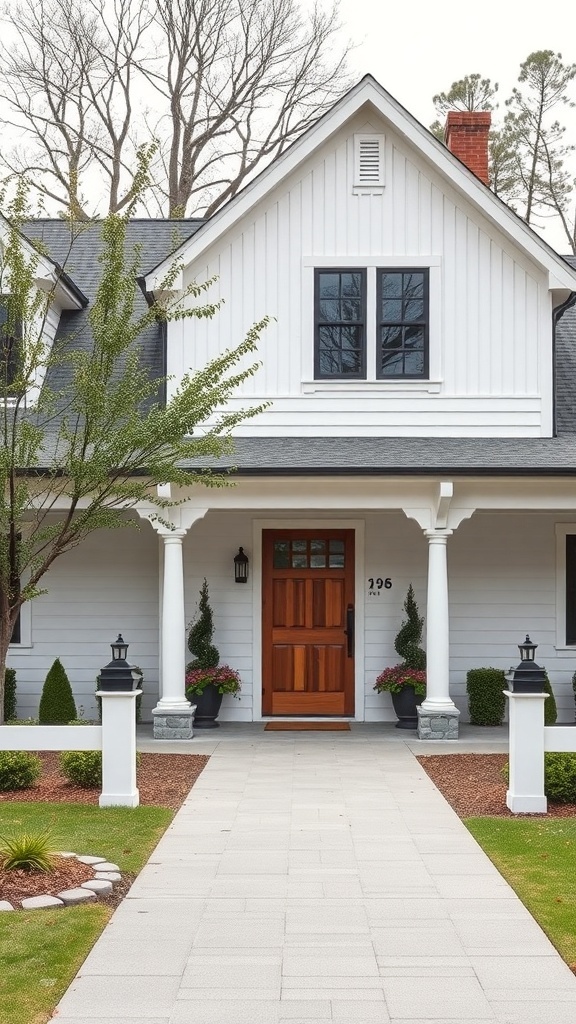 A modern farmhouse exterior featuring classic white siding, a wooden front door, and stylish landscaping.