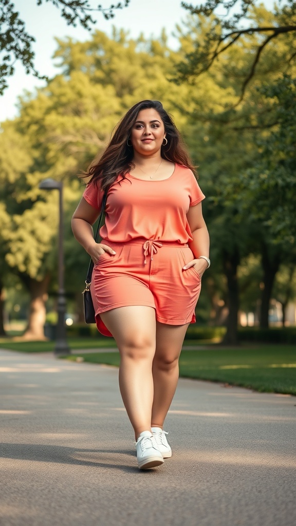 A woman wearing a coral romper and classic white sneakers, walking in a park.