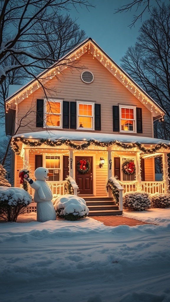 A cozy house decorated with classic white string lights during winter.