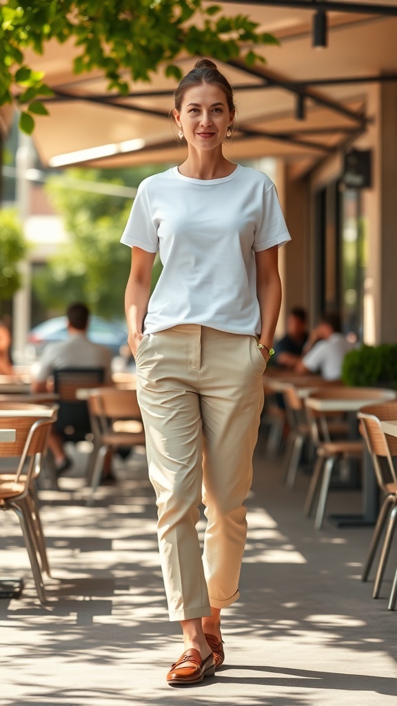 A woman wearing a classic white tee and light-colored chinos, walking confidently.