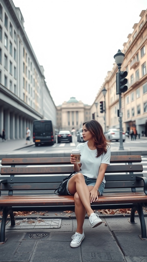 A woman sitting on a bench wearing a classic white tee and denim shorts, holding a coffee cup.