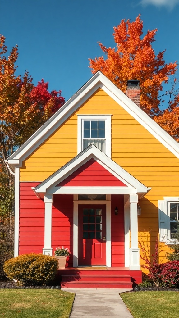 A colorful house with yellow and red siding, white trim, and autumn trees in the background.