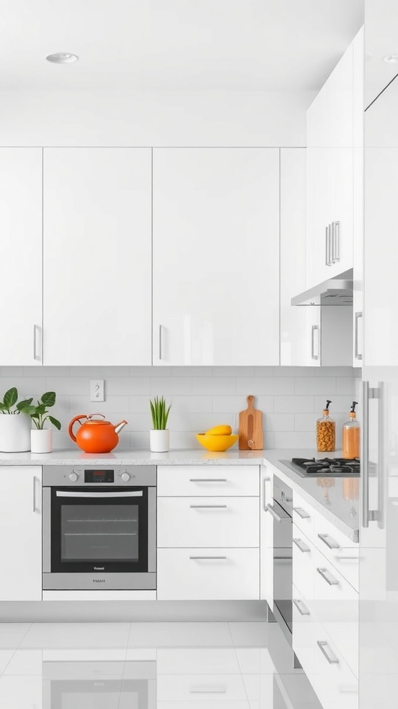 A modern white kitchen featuring glossy cabinets, a vibrant orange kettle, green plants, and a clean countertop.