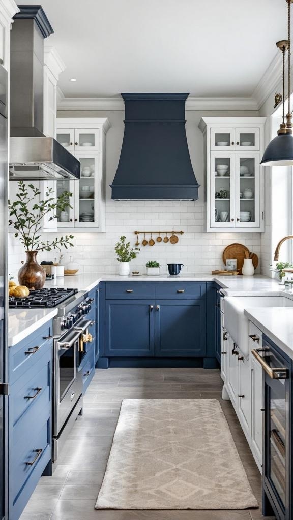 A kitchen featuring classic white cabinetry with navy details, including a navy hood and navy cabinets, complemented by natural greenery.