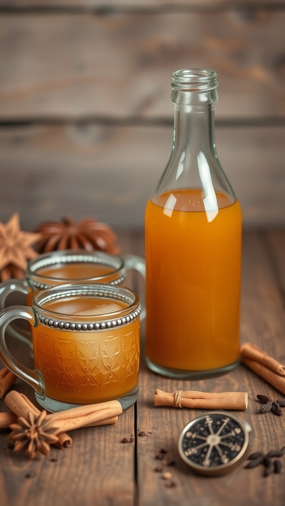 A bottle of spiced cider with two metal mugs and cinnamon sticks on a wooden table.