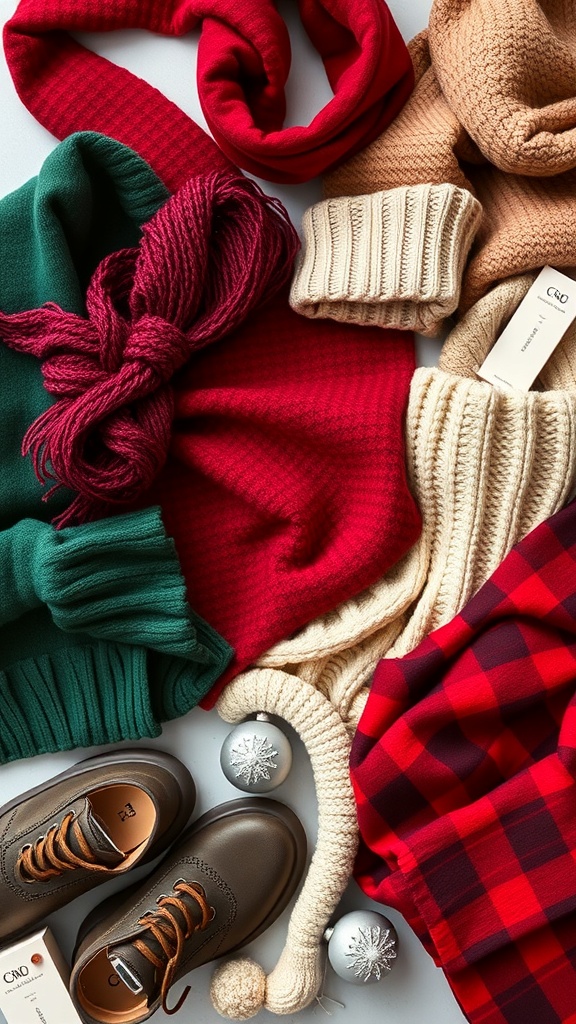A flat lay of winter clothing and accessories in classic colors, featuring greens, reds, and neutrals, surrounded by festive decorations.