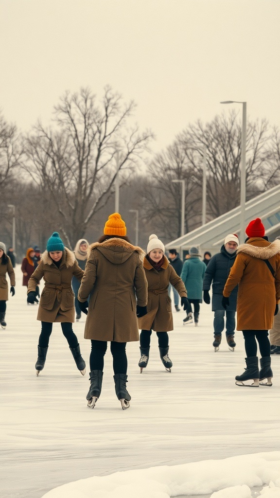 Group of people ice skating in winter attire on an outdoor rink.