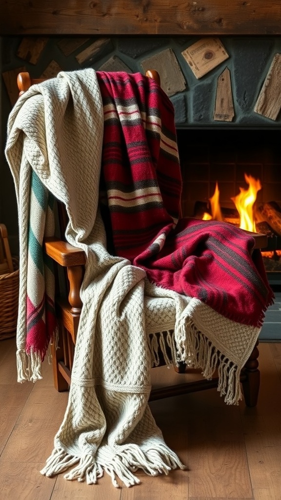 A cozy scene featuring woolen blankets in red and cream draped over a wooden chair near a fireplace.
