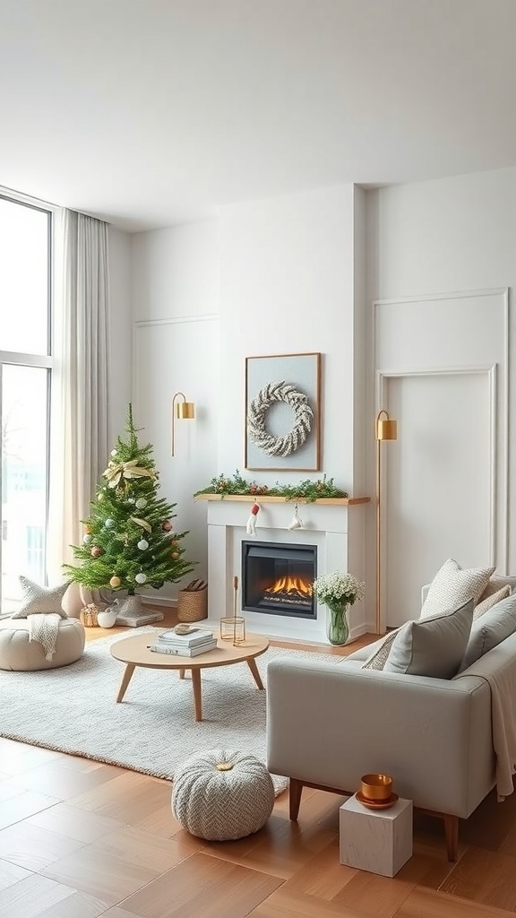 A minimalist living room decorated for Christmas with a tree, simple ornaments, and a cozy fireplace.