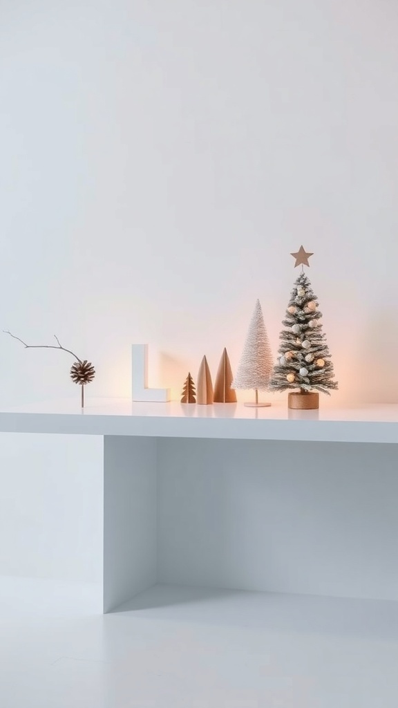 Minimal Christmas decor featuring clean lines and simple shapes on a white table.