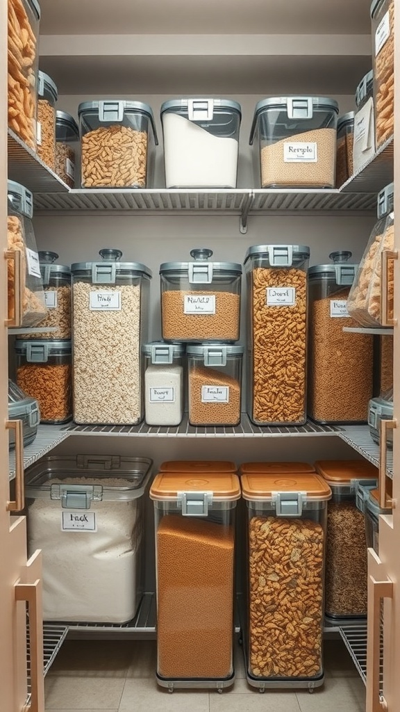 Organized pantry with clear containers holding various dry goods.