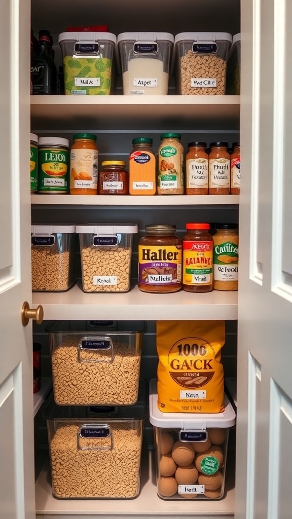 Organized pantry with clear storage bins and labeled containers.