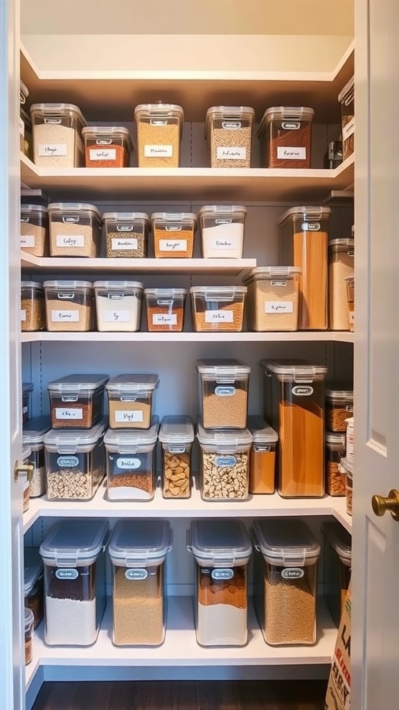 A neatly organized kitchen pantry with clear storage containers filled with various ingredients, all labeled for easy identification.