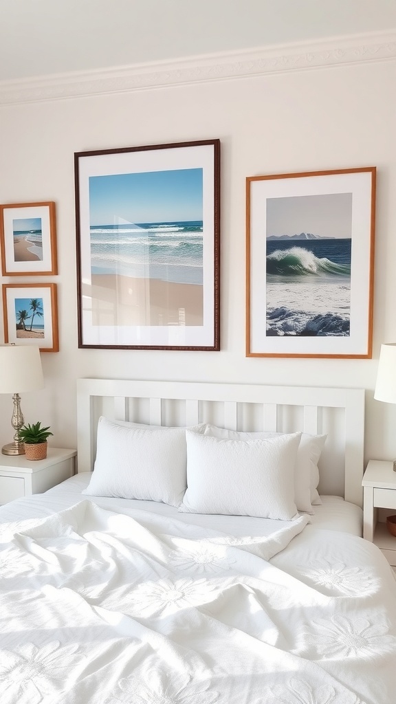 Coastal-inspired wall art featuring ocean views and sandy beaches in a bedroom setting.