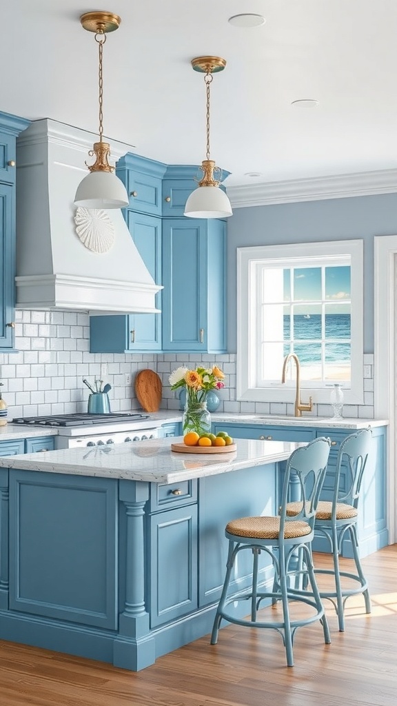 A bright kitchen featuring coastal blue cabinetry, white countertops, and pendant lighting, with a view of the ocean.
