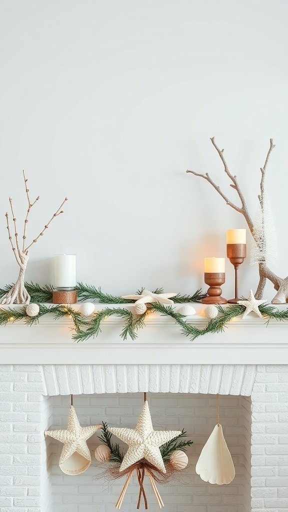 A coastal-themed Christmas mantle decorated with driftwood, seashells, and soft greens.