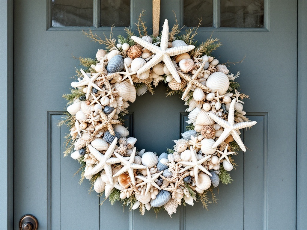 A coastal Christmas wreath made of seashells and starfish, hanging on a blue door.