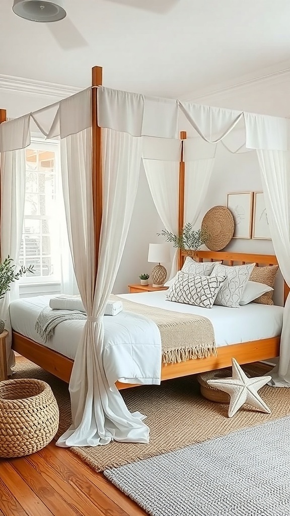 A coastal inspired canopy bed with white drapes, wooden frame, and beach-themed decor.