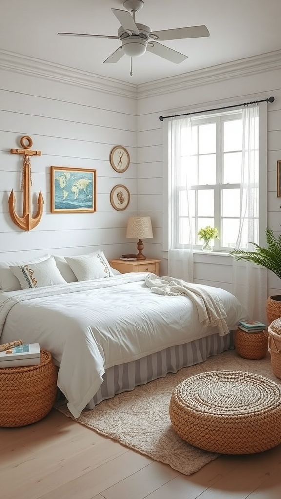 Coastal bedroom nook with nautical decor, featuring a bed, woven baskets, and wall art.