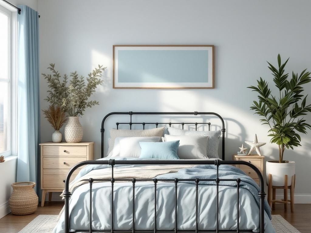 A coastal-themed bedroom featuring a black metal bed frame, soft blue bedding, and natural decor elements.