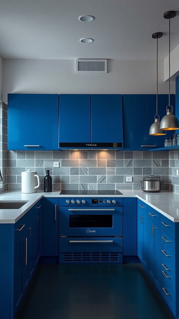 A modern kitchen featuring cobalt blue cabinets and appliances, with a stylish backsplash and countertop.