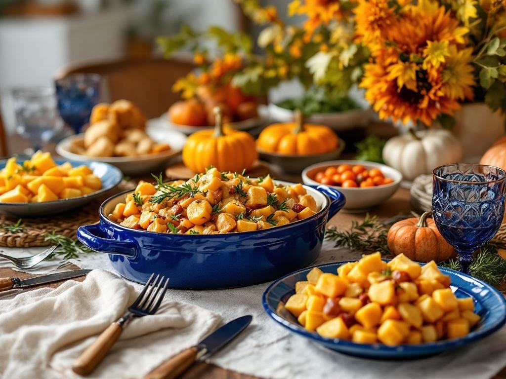A Thanksgiving table decorated with cobalt blue serving dishes filled with roasted squash, surrounded by pumpkins and fall decor.
