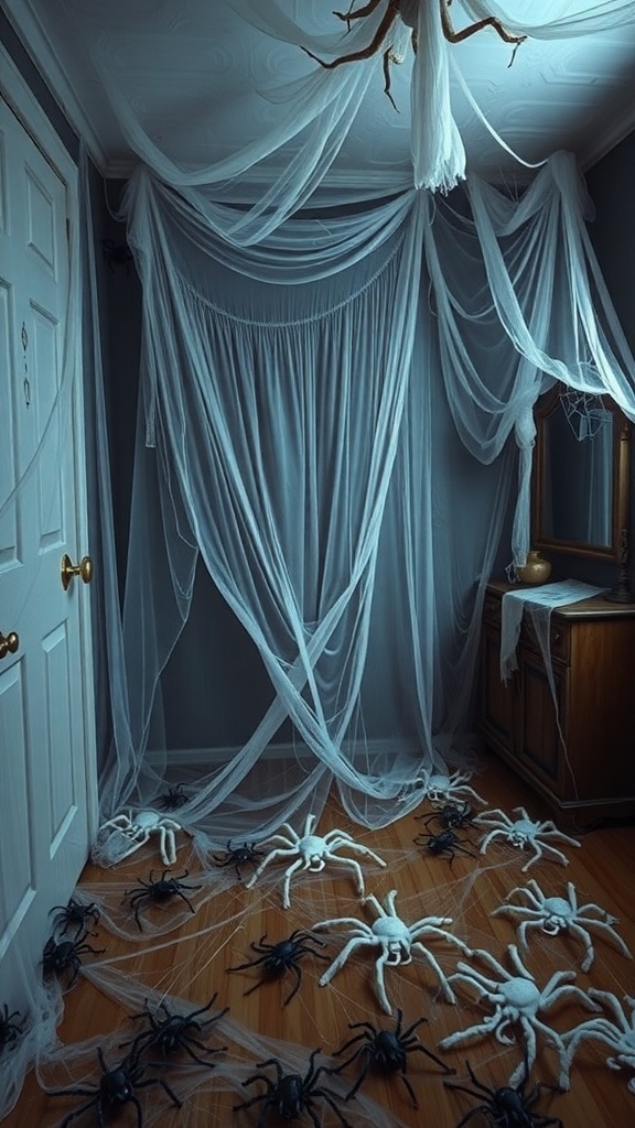 A room decorated with cobwebs and fake spiders for Halloween.