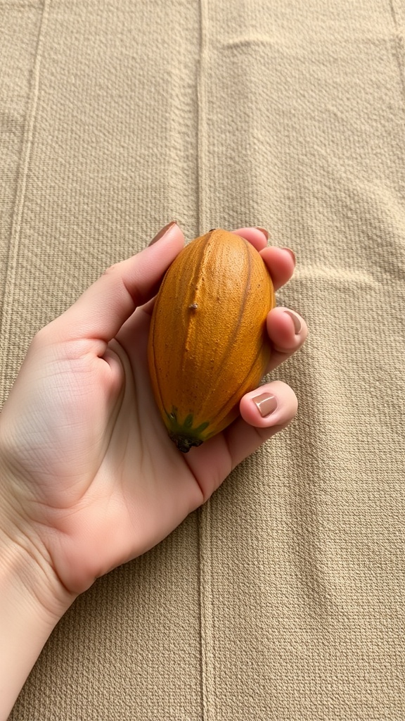 A hand holding a cocoa pod with brown fingernail polish on the nails.