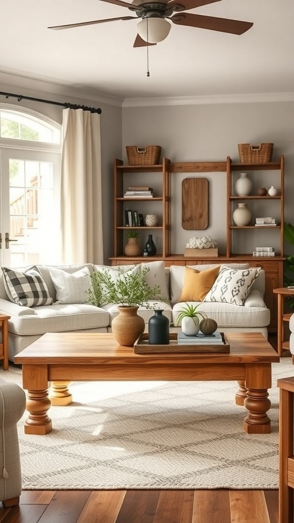 A cozy living room featuring a wooden coffee table, soft couch, and decorative elements.