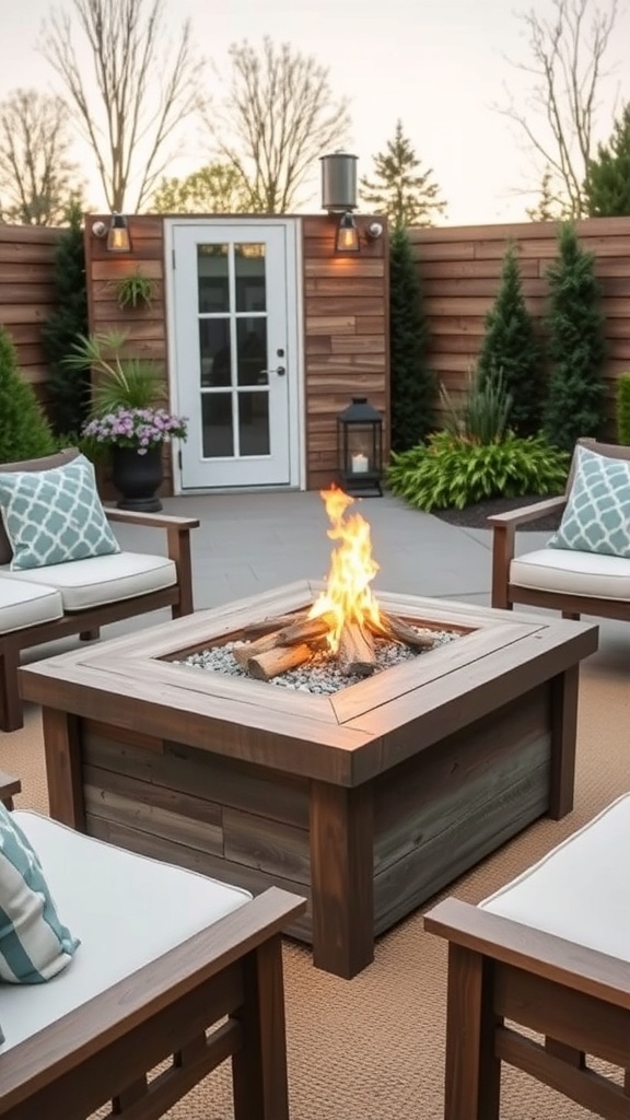 A modern farmhouse coffee table with a built-in fire pit surrounded by chairs.