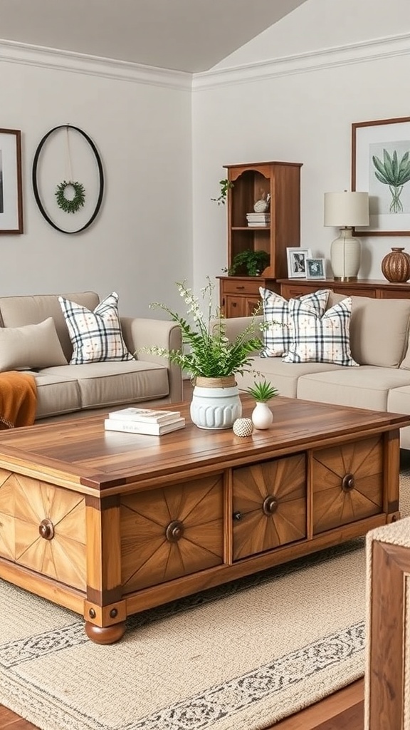 A modern farmhouse coffee table with a wooden finish and decorative patterns, surrounded by cozy seating.