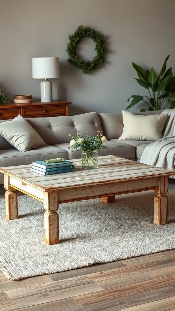 A vintage-style coffee table with a weathered finish, surrounded by a cozy living room setting.