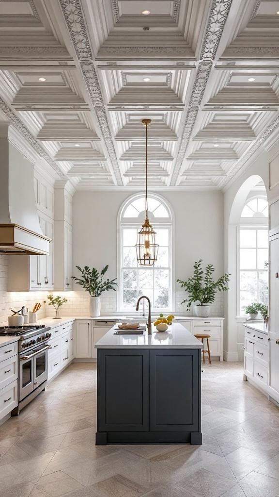 A kitchen featuring a coffered ceiling with intricate patterns and elegant lighting.