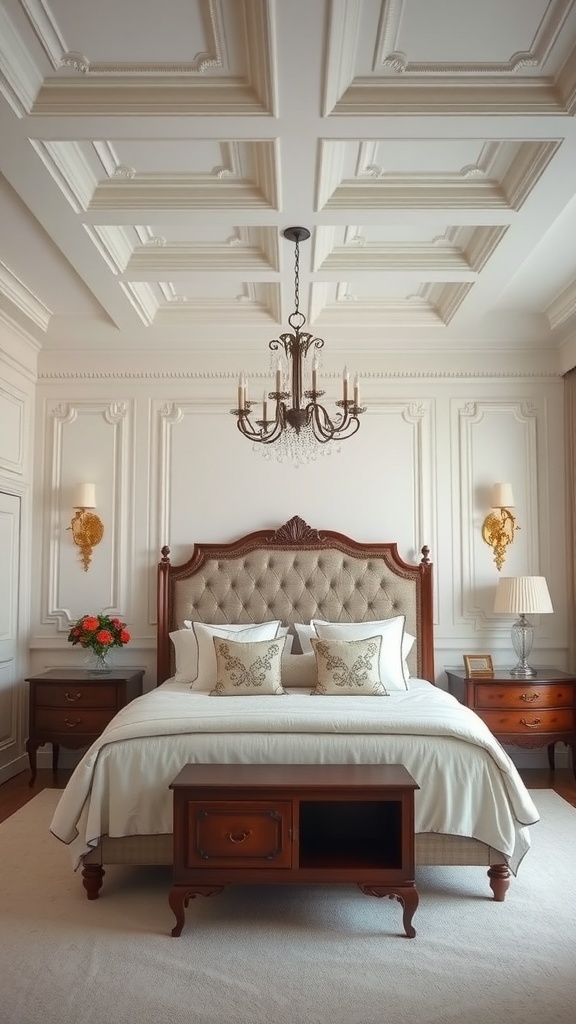 A bedroom featuring a coffered ceiling with a chandelier, elegant bed, and classic furnishings.