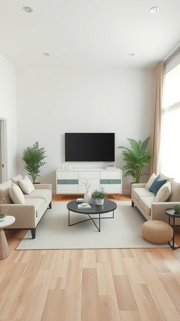 A neutral living room with light beige sofas, a round black coffee table, and green plants.